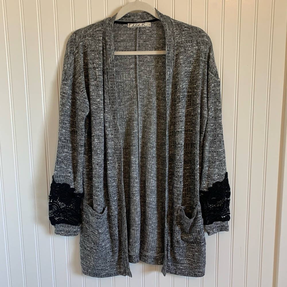 Heathered grey cardigan with lace detail